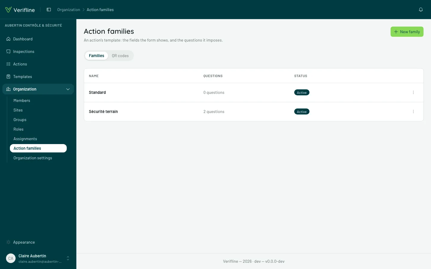 The Action families screen