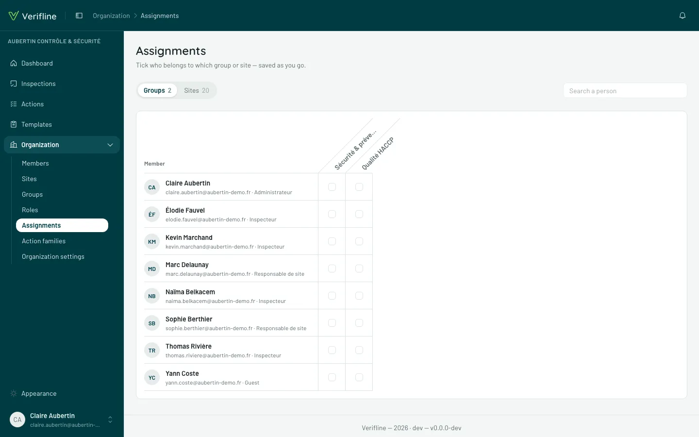 The Assignments screen